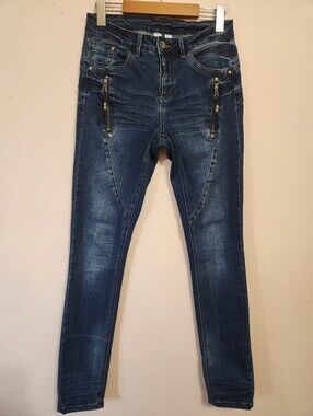 Cream Denmark Denim Mid Rise Skinny Boho Moto Jeans Distressed Zip Detail Sz 28